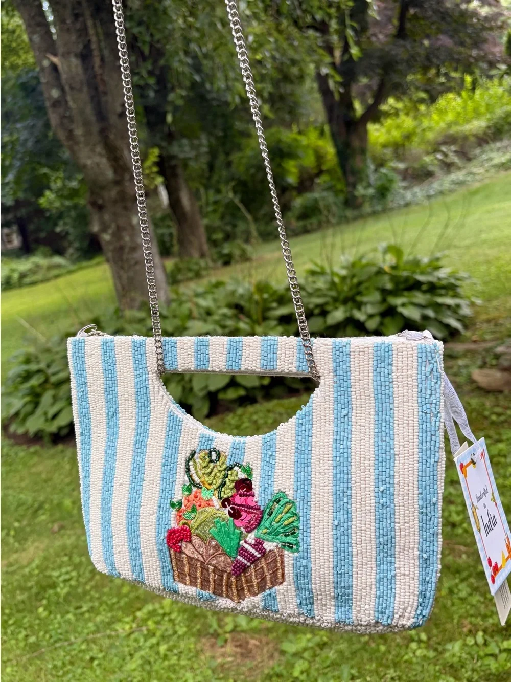 Brand NWT Viral Blue and White Striped Vegetable Beaded Bag!